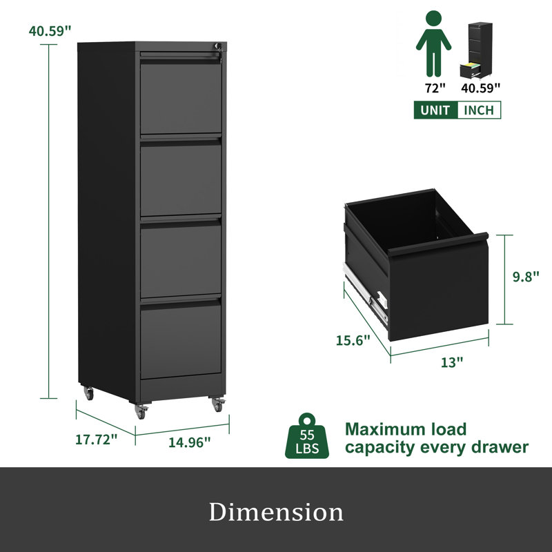 4 Drawer Metal Locking Vertical File Cabinet On Wheels – Heavy-Duty Lockable Cabinet For Home & Office, Black