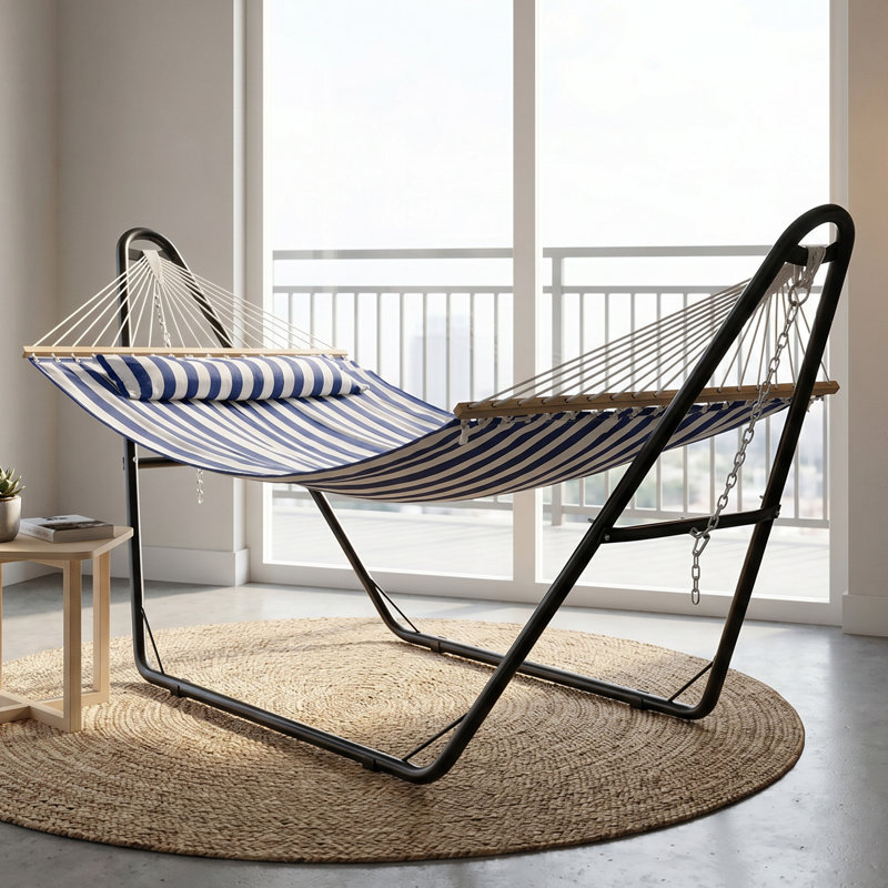Hamac double en tissu matelassé pour 2 personnes avec coussin - rayures bleues et blanches - avec support, Blanc / Bleu