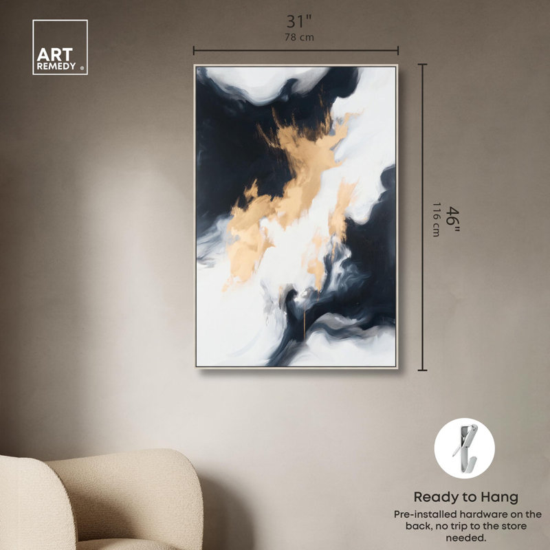 "Obsidian and Gold II", feuille d'or, art mural par Art Remedy, Cadre argenté, H 55 po x l 37 po