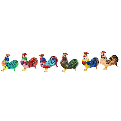 Set Of Six Hand Painted Tin Roosters Napking Holders In Assorted Colors