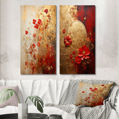 God And Red Floral Japanese Tiles II - Abstract Botanicals Wall Art Prints Set Of 2