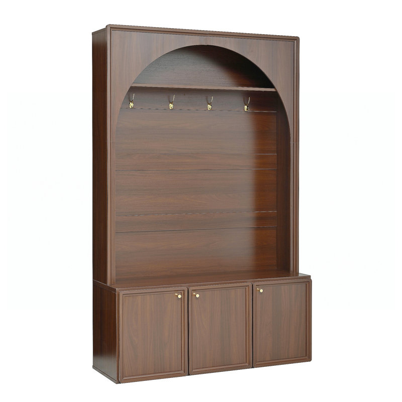 Farmhouse All-In-One Hall Tree With Adjustable Shelves, Retro Arched Entryway Storage Bench With 3 Cabinets, Wooden Coat Rack Organizer With 4 Golden Hooks For Mudroom, Hallway