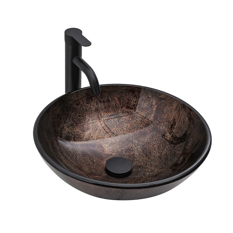 Lavabo de salle de bain vasque en verre trempé artistique avec robinet noir et drain escamotable, meuble-lavabo en verre trempé ovale brun texturé