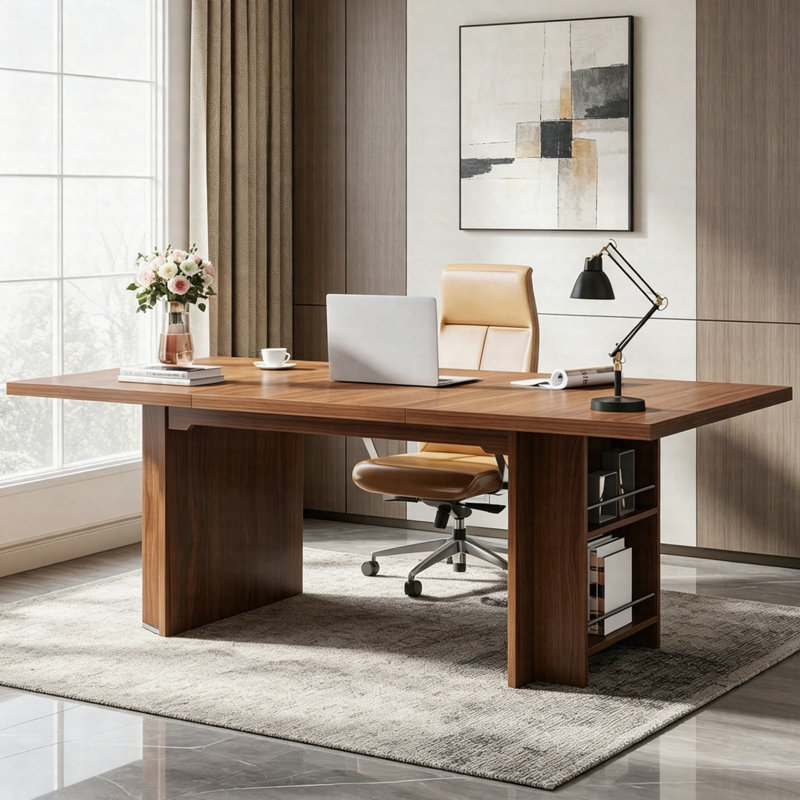 63 po Bureau de direction, grande table d'écriture en bois avec tablettes latérales pour le bureau personnel, Brun rustique