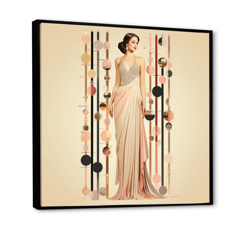 Art nouveau, impression élégante en rose et beige, H 16 po x l 16 po, Cadre flottant noir