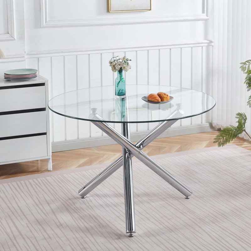 Table de salle à manger ronde avec pieds en métal et verre trempé, table de cuisine moderne pour le salon, Chrome chrome