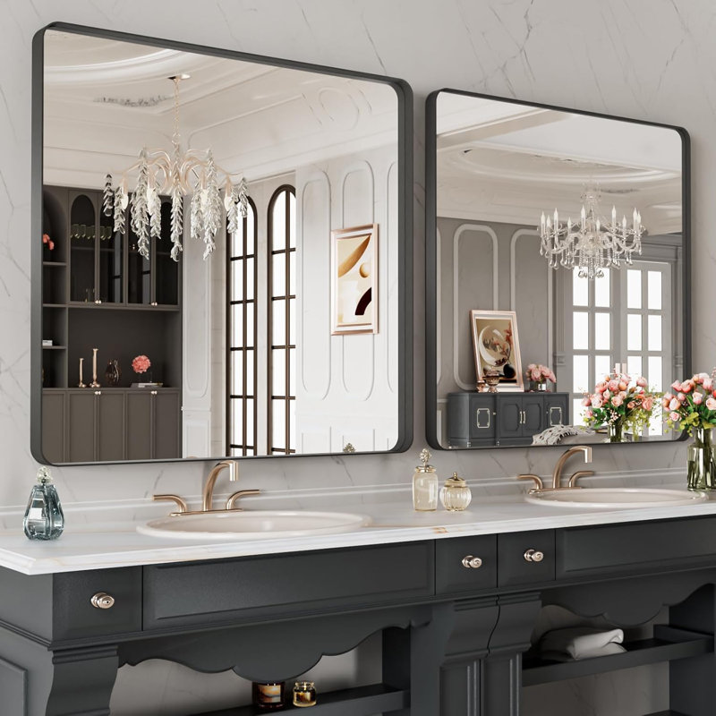 Miroir de salle de bain 28 po x 32 po avec cadre en métal noir, miroir de meuble-lavabo noir mat, antirouille, peut être suspendu horizontalement ou verticalement