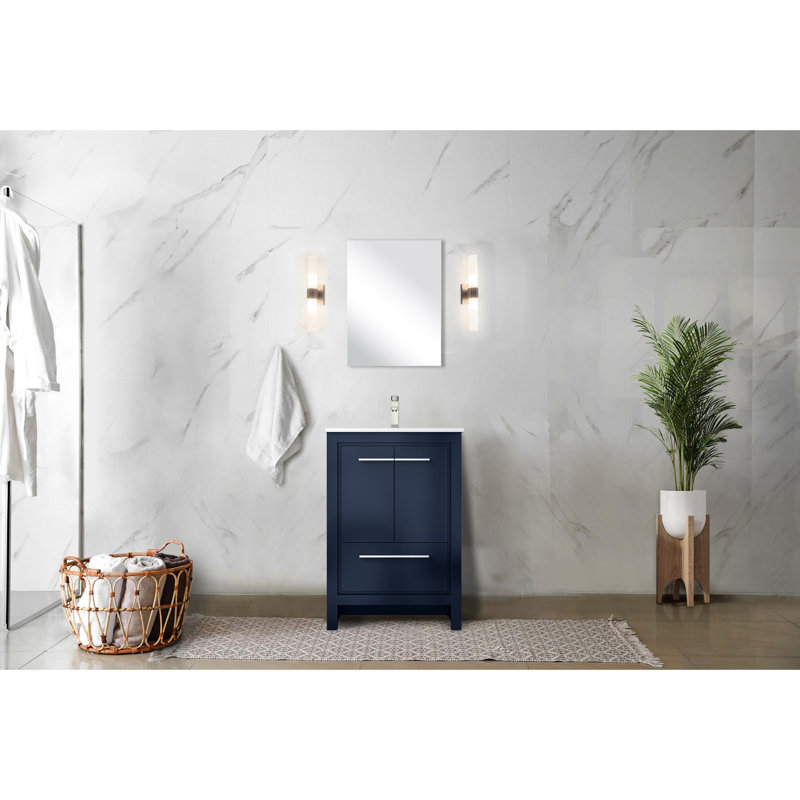 Meuble-lavabo bleu marine l 24 po x P 20 po avec comptoir en marbre de culture et miroir de 18 po à fermeture en douceur, avec tiroirs de rangement et une surface de teinture