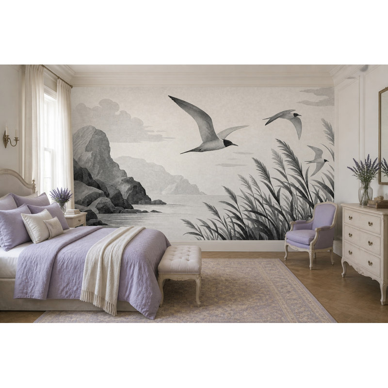 Murale de paysage côtier gravé, oiseaux de mer, 100 po x 96 po, Texturé non collé