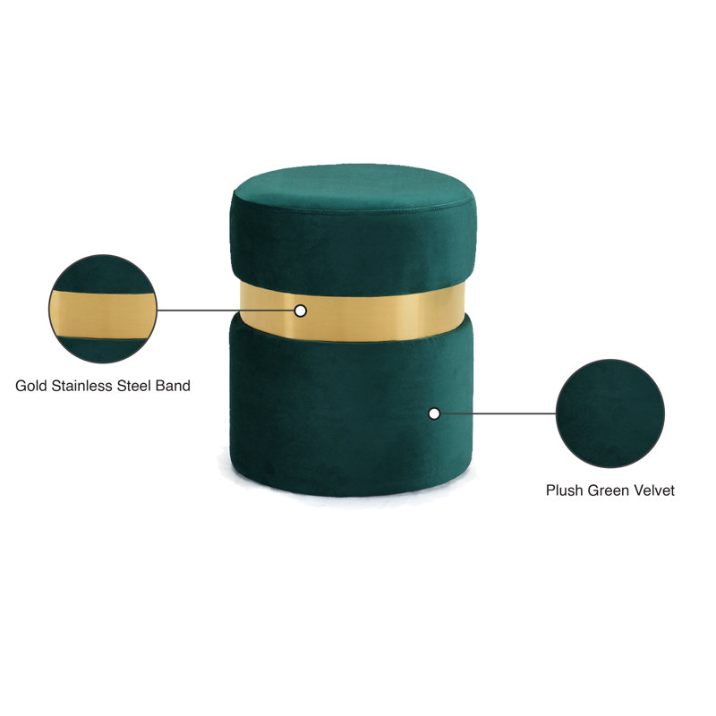 Hailey 14.5" Wide Velvet Round Cocktail Ottoman, Gold, Green Velvet