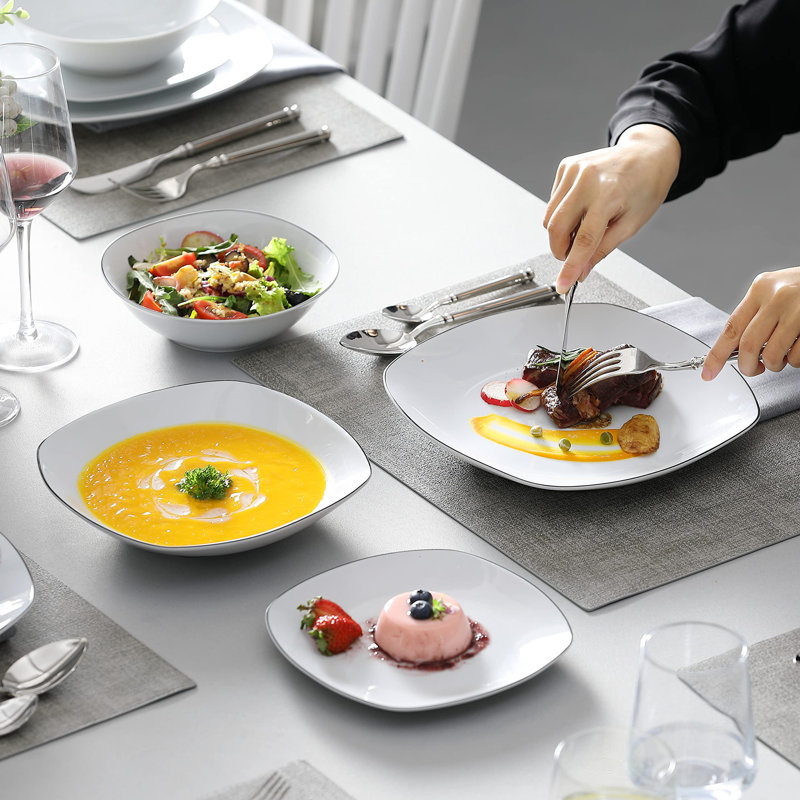 24 Piece Porcelain China Dinnerware Set - Service for 6, Elisa/Black Rim