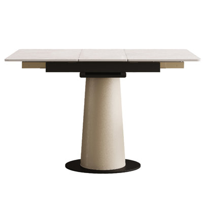 Retractable Rock Slab Folding Dining Table, Modern Square Expandable Table With Leather-Wrapped Stainless Steel Base, Dual-Purpose Space Saving Kitchen Table For Small Apartments