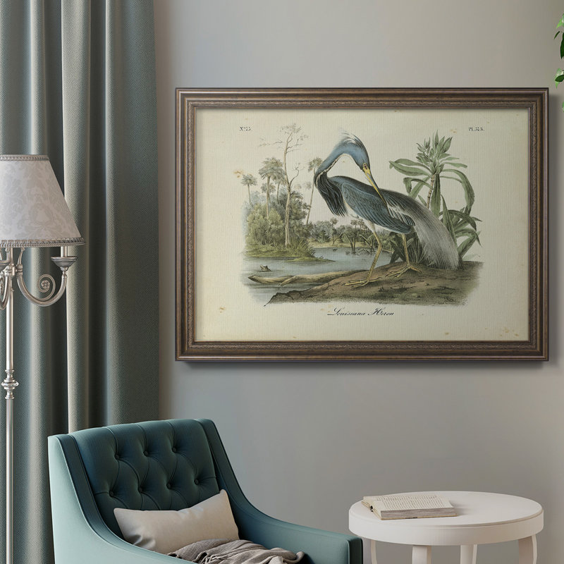 «Louisiana Heron» par John Audubon - peinture sur toile encadrée, H 24 po x l 36 po, Anique Gold Frame