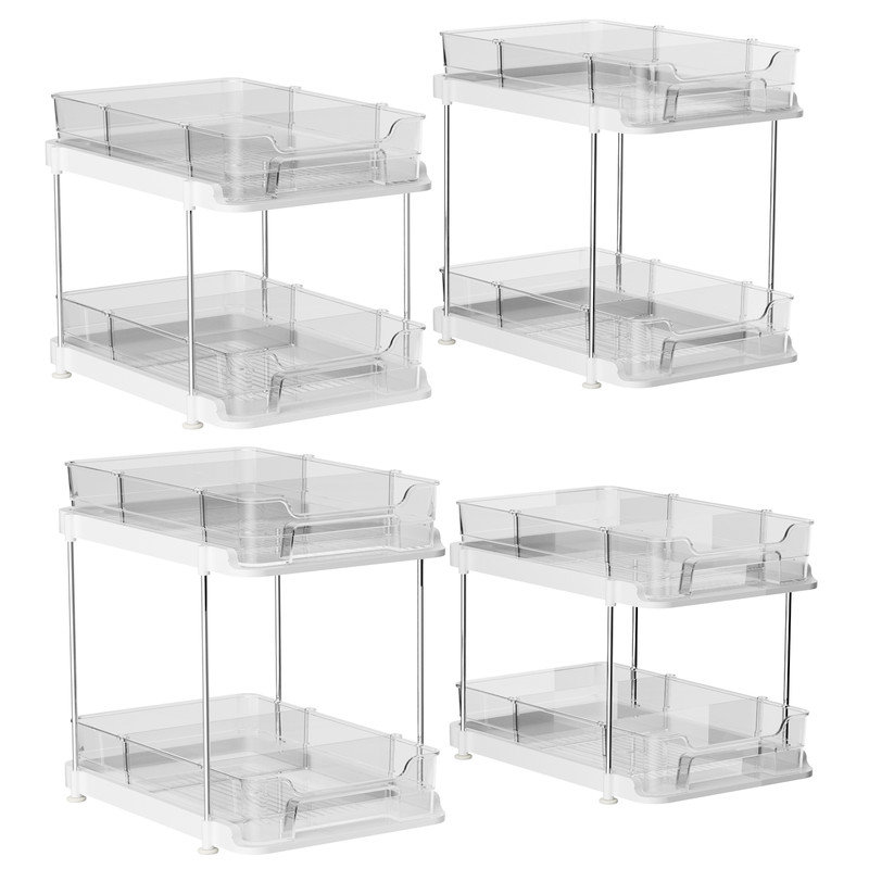 Organisateurs sous évier à 2 niveaux avec séparateurs mobiles, organisateur coulissant polyvalent transparent, tablettes de rangement empilables pour la cuisine, la salle de bain, le meuble-lavabo, le garde-manger, le réfrigérateur (paquet de 4, H 2 