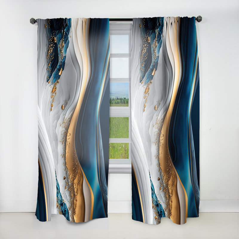 «Abstract Geode Waves Blue II» - Rideau en velours moderne - obscurcissant - 1 panneau, L 52 po x L 84 po