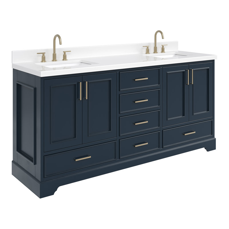 73'' Double Bathroom Vanity with White Quartz Top, Midnight Blue