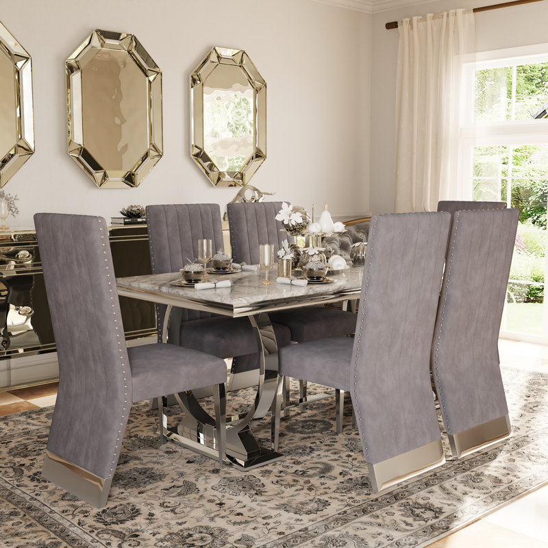 Ensemble de table de salle à manger de luxe 7 pièces avec 6 chaises en velours, Argent, Gris / argent, Argent