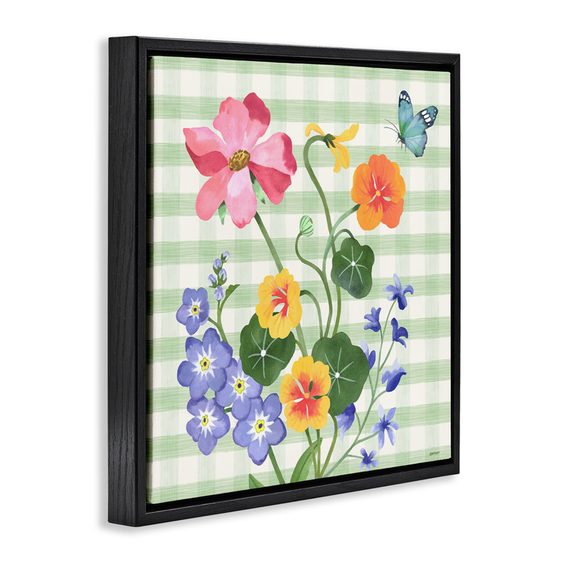 "Gingham Garden Flowers", encadrée par Floater, Cadre flottant noir de jais, H 18 po x l 18 po