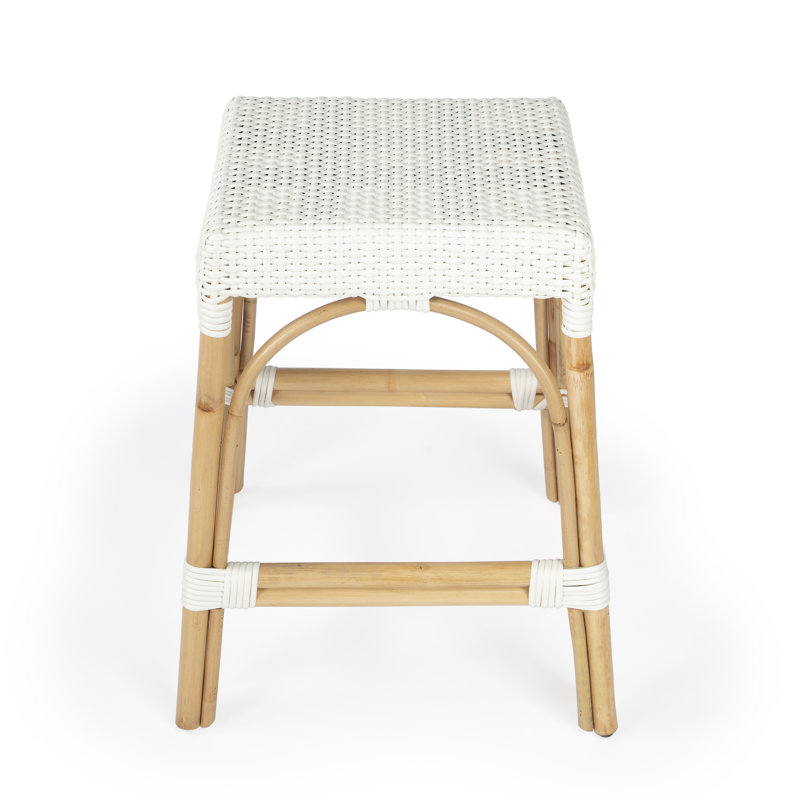 Tabouret de comptoir / de bar Lennart, Blanc brillant / cadre en rotin naturel