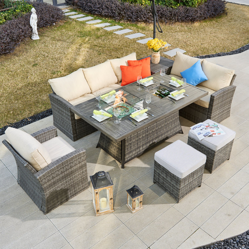 8 - Person Patio Dining Set with Rectangular Table , Cushions Included, Gray