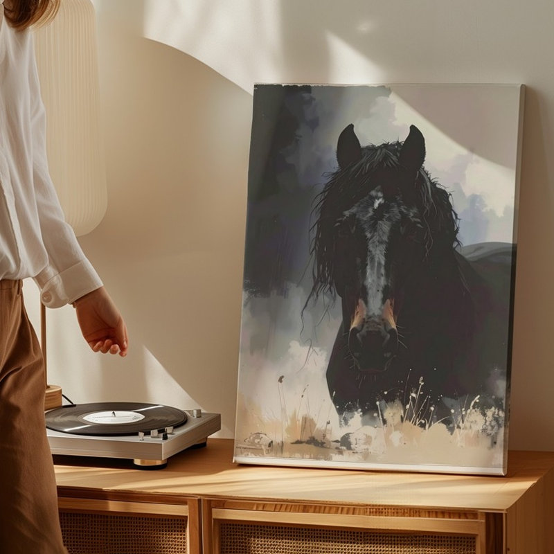 Art mural mural Shadowborn Majesty toile noire cheval dans la brume, H 16 po x l 20 po