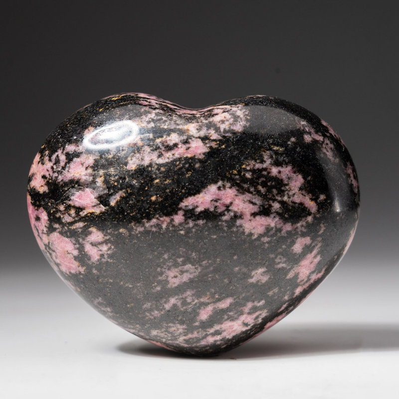 Polished Imperial Rhodonite Heart From Madagascar (400 Grams), Black/Pink, 3" H x 1.5" W x 3.75" D