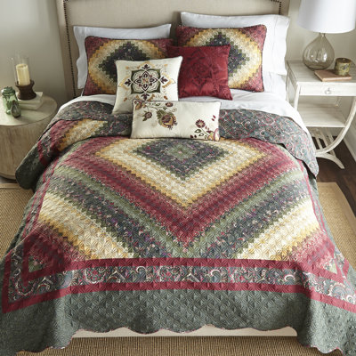 Spice Postage Stamp Green/Gold/Burgundy Microfiber Reversible Single Quilt Set