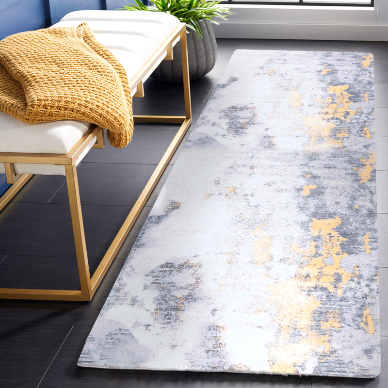 Tacoma Slate Machine Washable Area Rug In Grey & Gold, Runner 76 x 244cm