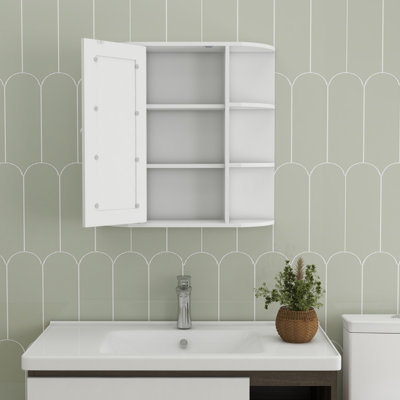 Armoire à pharmacie de salle de bain avec miroir, armoire de salle de bain murale avec porte miroir, 6 tablettes ouvertes, 3 tablettes réglables pour salle de bain