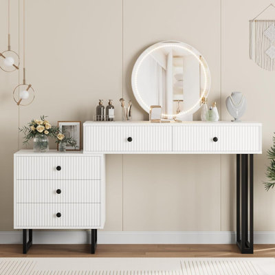 49.2” Vanity Desk with Mirror and Lights, Makeup Vanity with 3 Color Lights & Adjustable Brightness, Bedroom Table with 5 Drawers