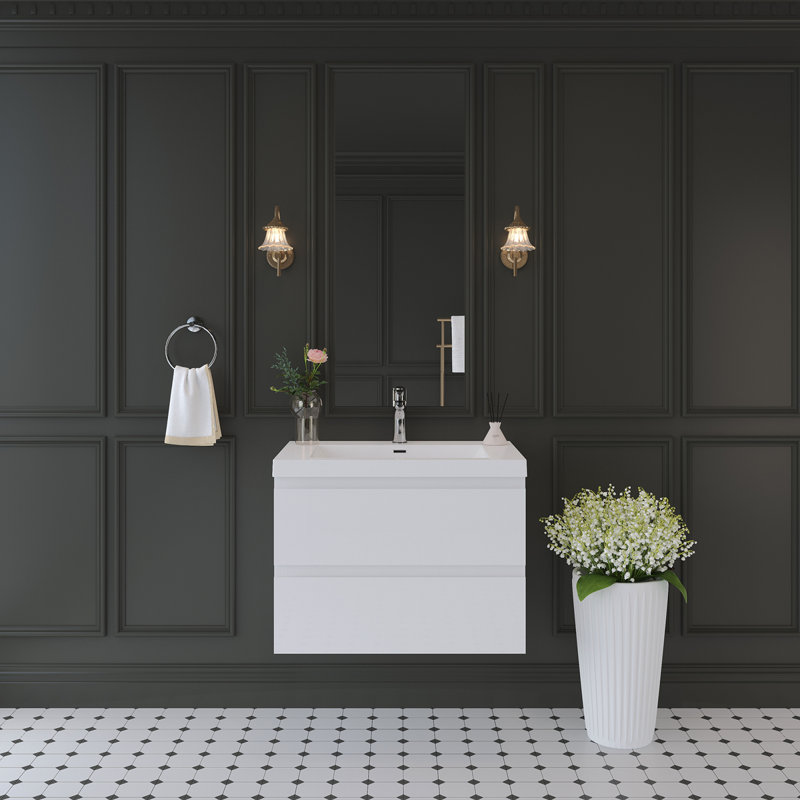 Meuble-lavabo flottant 30 po avec lavabo, meuble-lavabo mural moderne avec lavabo à surface solide et tiroirs à fermeture en douceur, blanc brillant GF-24V11-30GW-W1573P152684