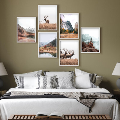 Framed Wall Art Collage Print Gallery Set, Rustic Wilderness Majestic Deer and Autumn Forest Scenes Nature Illustrations Decorative Colorful for Living Room, Bedroom, Office