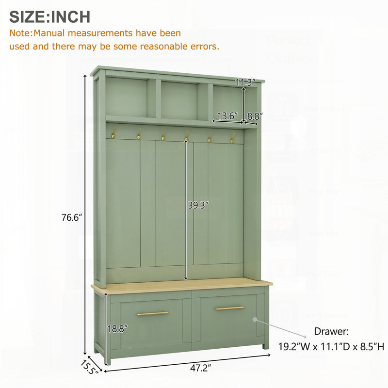 Arbre d'entrée 4-en-1 polyvalent avec 6 crochets dorés ON-TREND, banc en grain de bois avec plusieurs espaces de rangement, portemanteau d'entrée avec 2 tiroirs pour le salon, le couloir