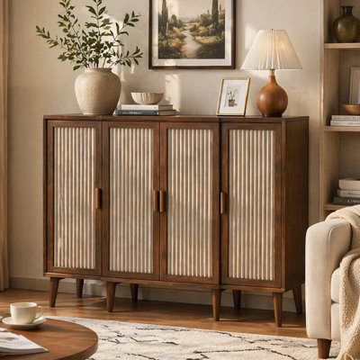 Armoire de rangement décorative 4 portes avec tablettes réglables, portes à panneau cannelé, style Mid-Century moderne