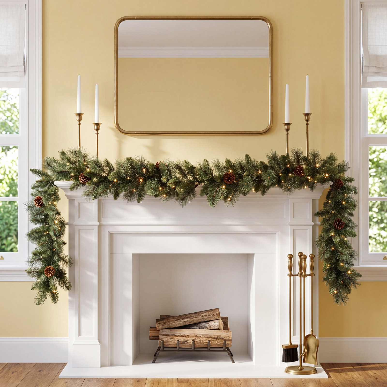 8.83 Ft Artificial Winter Christmas Pre-Lit Garland, Faux Cedar Greenery Front Door Garland Plant With LED Lights For Wedding Backdrop Arch Wall Decor