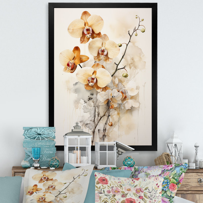 Orchidée beige et or qui fleurit, H 20 po x l 12 po x P 1 po, Cadre simple noir