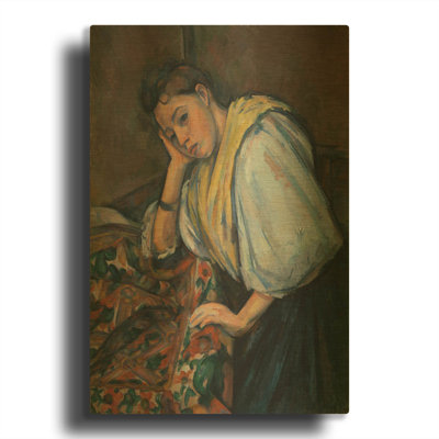 «Jeune femme italienne à une table» par Paul Cezanne, art mural en métal doré, 12 po x 16 po