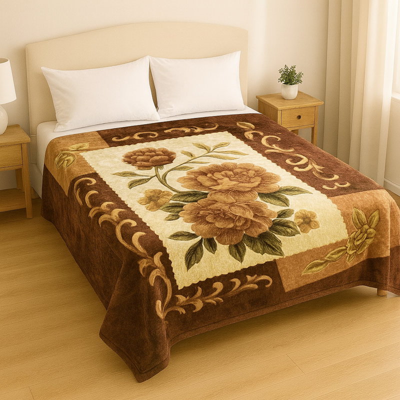 Silky Floral Plush Blanket, Korean Mink Style, Heavy 5lb Queen Blanket, Brown Floral