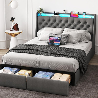 Oneita Upholstered LED Bed Frame With Storage Headboard Charging Station 2 Drawers Gray
