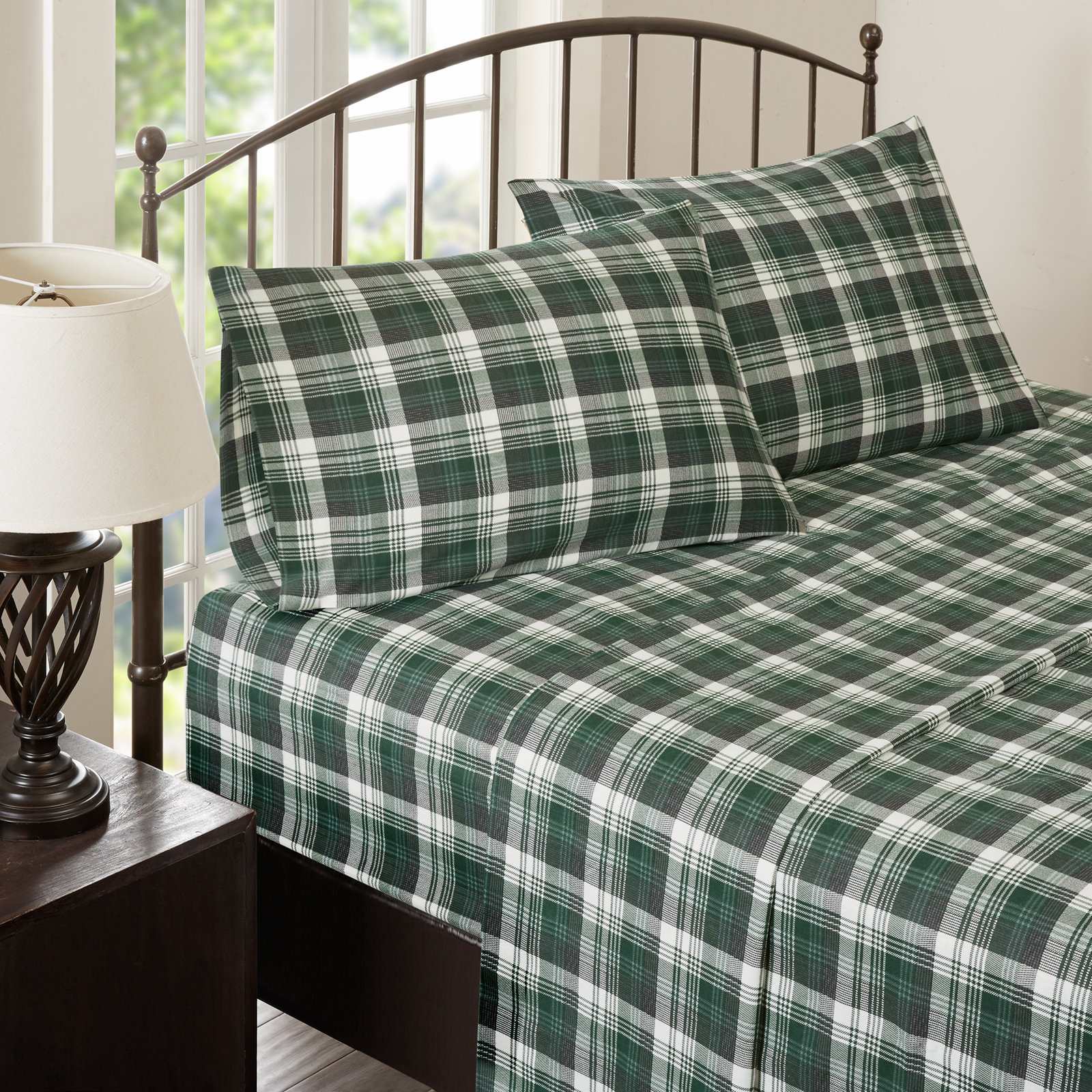 Woolrich 100% Cotton Flannel Sheet Set, California King Sheet Set with 2 Pillowcases, Green Plaid