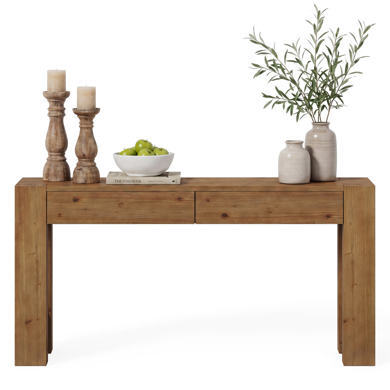 63" Solid Wood Console Table with Drawers, Rustic Entryway Table