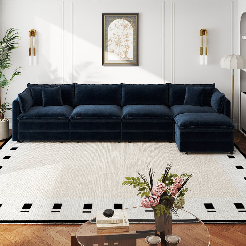 Canapé-lit en chenille moderne avec repose-pieds, H 33,85 po x l 147,22 po x P 35,82 po, Chenille bleu
