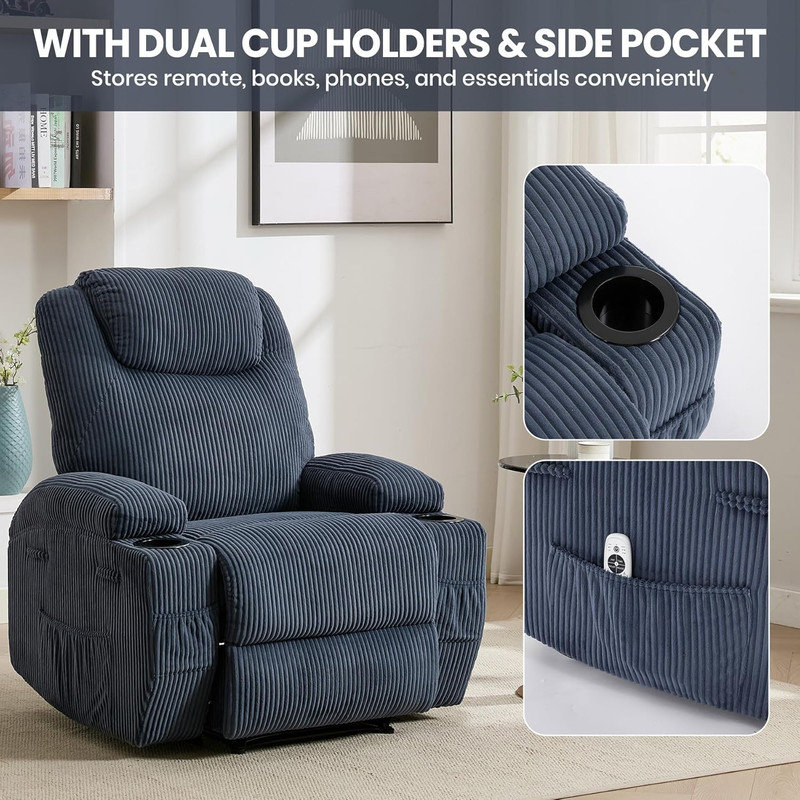 Electric Recliner Chair , Corduroy Power Recliner with 2 Side Pockets, Tool-Free Setup, Blue