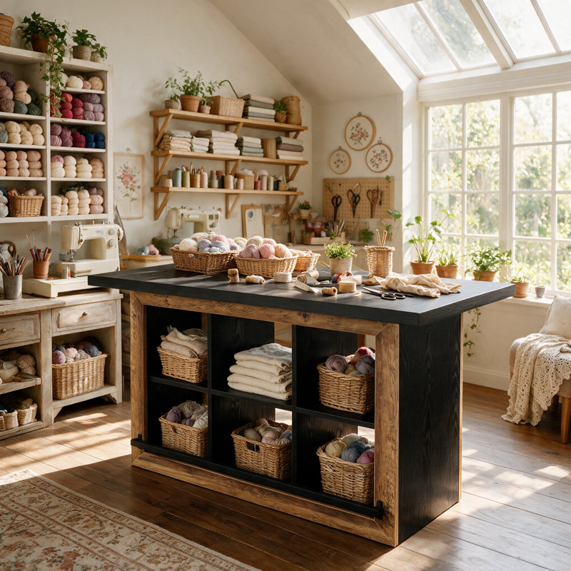 Table d'atelier avec rangement, table de couture à hauteur de comptoir, poste de travail central avec 6 compartiments ouverts, meuble de rangement pour fournitures artistiques, îlot de rangement pour atelier d'artisanat (noir et brun)