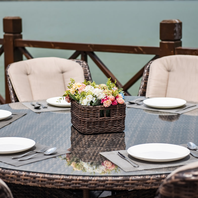 8-Person Round Aluminum Wicker Dining Table With Umbrella Hole –  (D68.90" X H28.35"), Brown