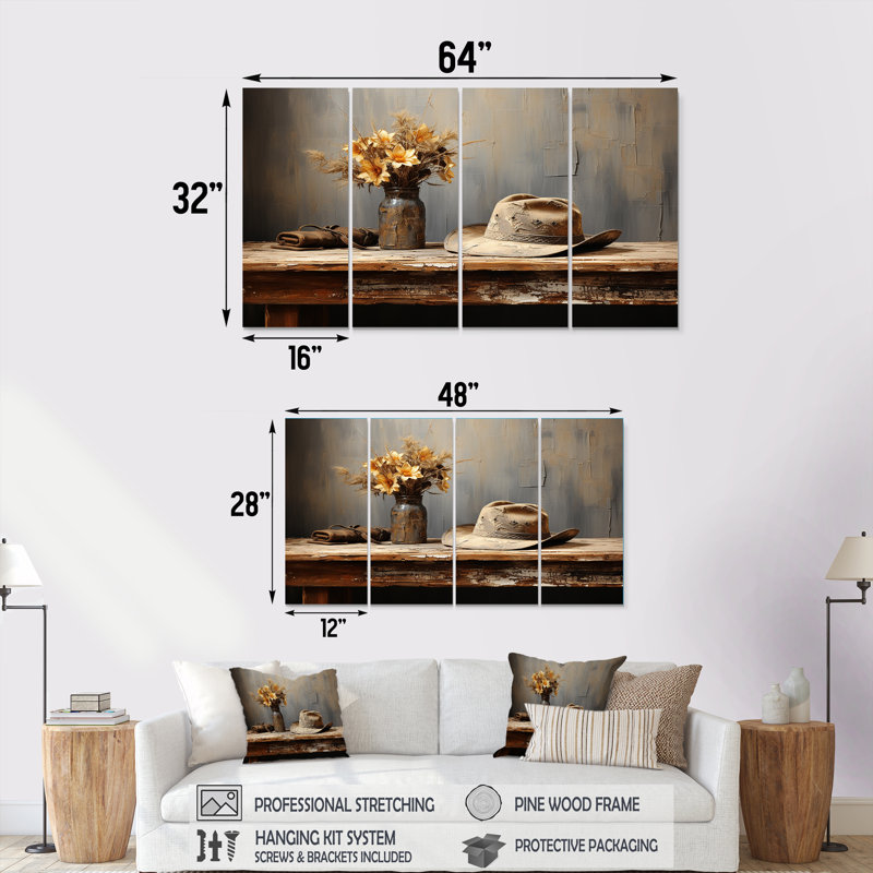 Minimalisme Cowboy Hat - Cowboys, art mural 4 pièces pour le salon, H 32 po x l 64 po