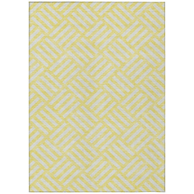 5' X 8' Yellow And Ivory Geometric Washable Indoor Outdoor Area Rug