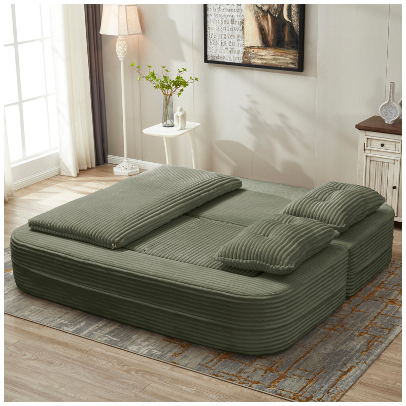 Canapé-lit modulaire convertible en velours côtelé moelleux avec méridienne indépendante, canapé pour très grand lit de 80 po et couverture à double usage, vert