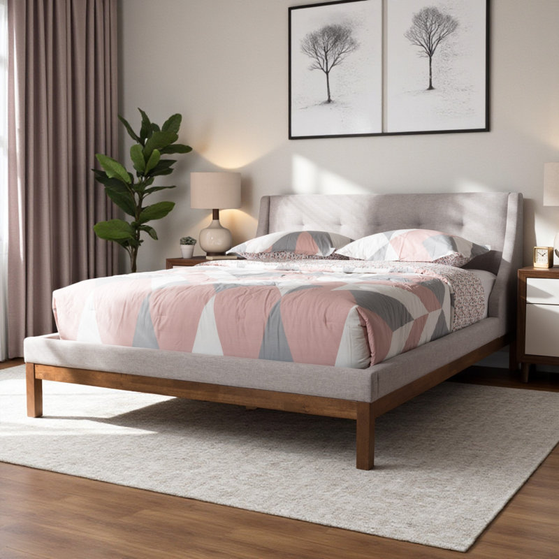 Lit plateforme double tapissier Aveza, style contemporain, beige, l 59 po x L 82,2 po x H 39,96 po, Beige, Double