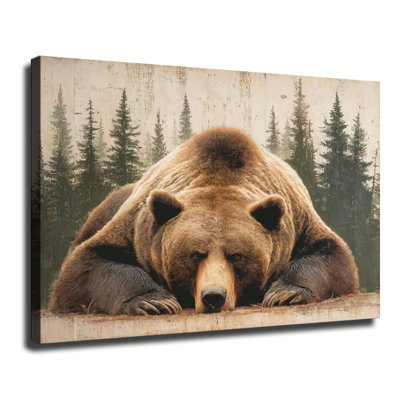 Lying Brown Grizzly Bear In Pine Forest, Large Gallery Wrapped Canvas Wall Art Print For Living Room Bedroom